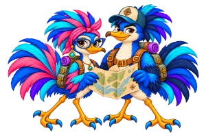 The Tinces’ colorful adventure bird mascots sharing a map